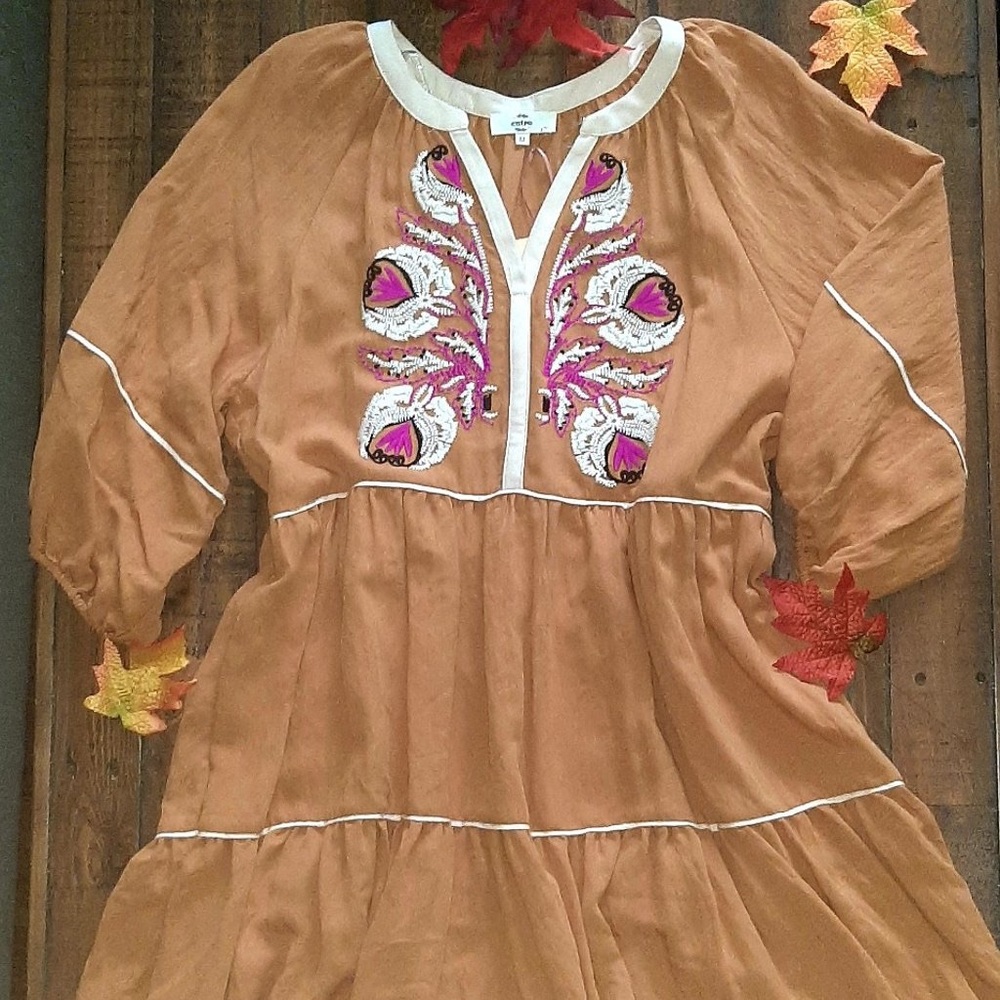 NWT Entro Caramel Embroidered Mini Tunic Dress Medium